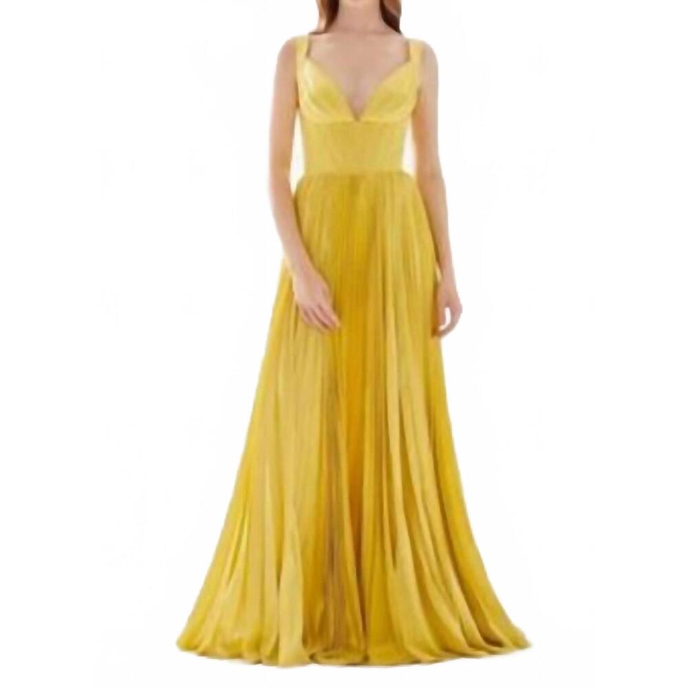 NEW TARIK EDIZ corset top with pleated gown in yellow